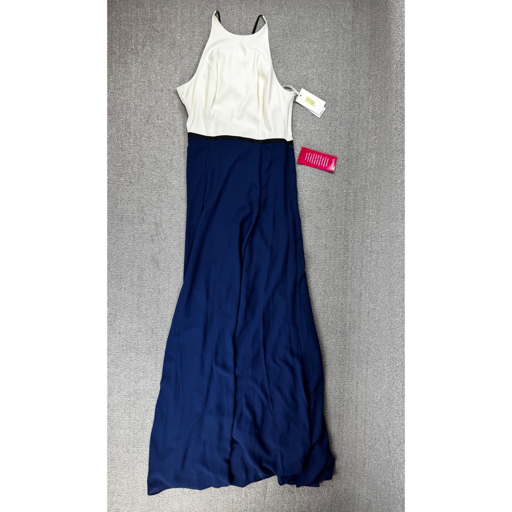 Halston Dress Womens 4 Navy Cream Halter Maxi Crepe Wedding Guest Summerβ